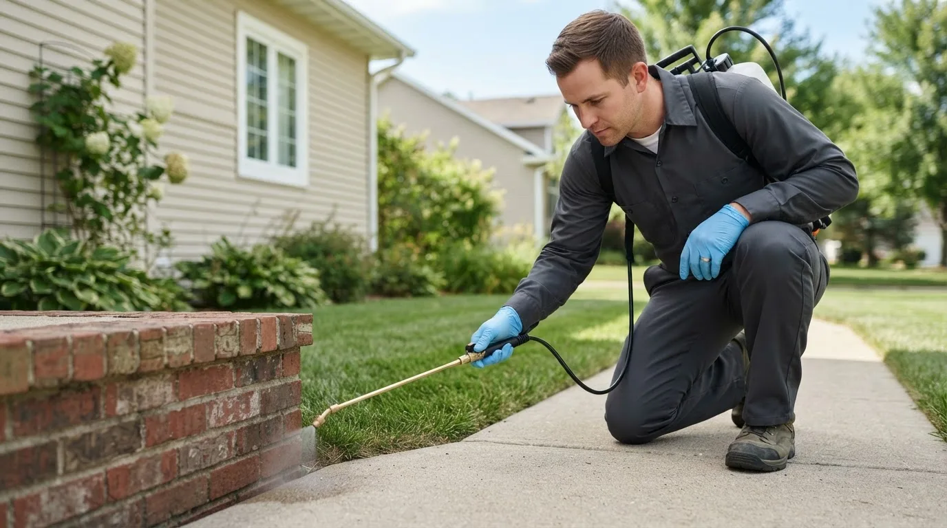 Pest control technician treating a home near Ozark, AL